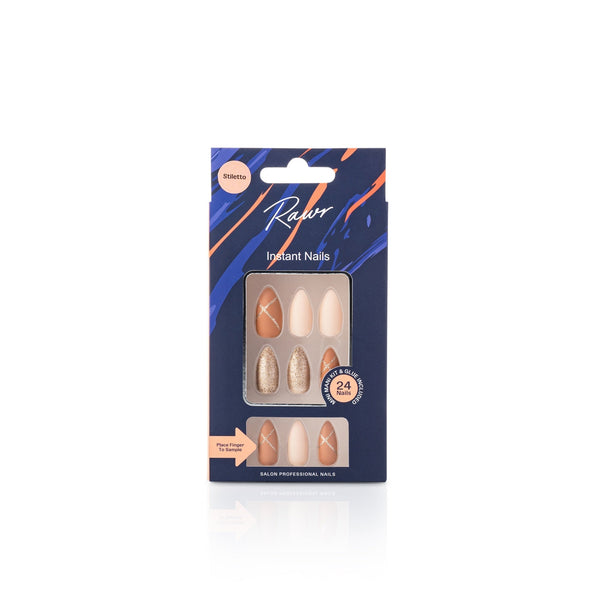 Rawr Stick On Nails Brown/Beige/Glitter Stiletto